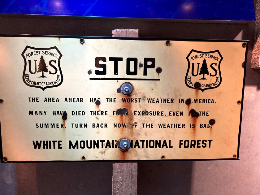 Old sign warning about extreme weather conditions on Mt. Washington